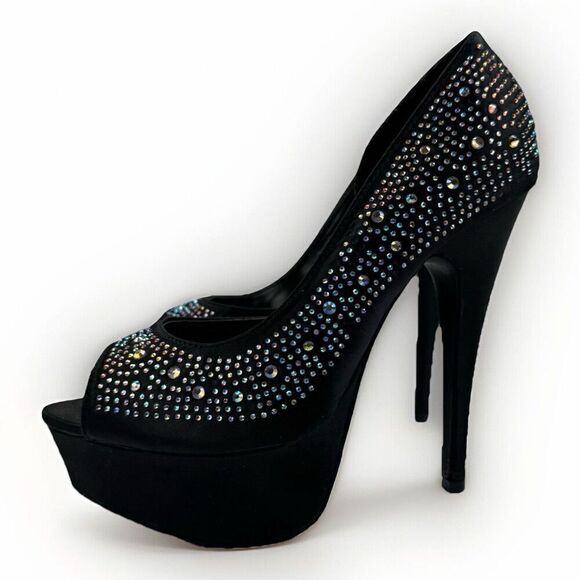 Black Rhinestone Peep Toe Women's Shoes Heels US Size 6.5 - Picture 1 of 13